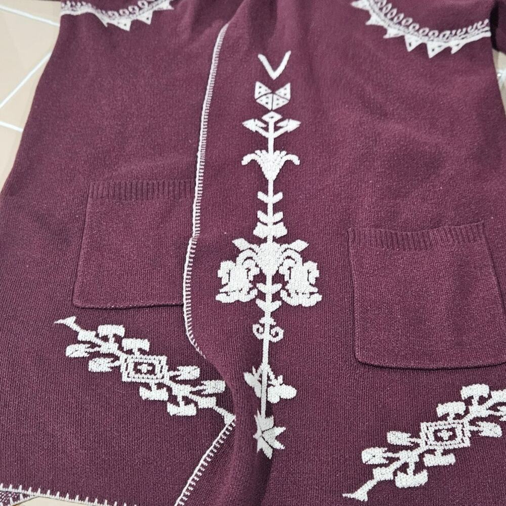 MAXSPORT Open Front Hooded Wool Cardigan Sweater Women Size Small Red/Cream Boho - Picture 6 of 9